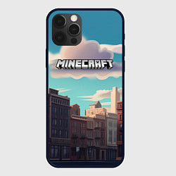 Чехол для iPhone 12 Pro Minecraft город и лого, цвет: 3D-черный