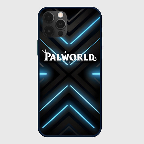 Чехол iPhone 12 Pro Palworld logo на фоне синего неона / 3D-Черный – фото 1