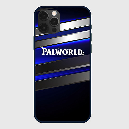 Чехол iPhone 12 Pro Palworld logo синие и серебристые полосы / 3D-Черный – фото 1