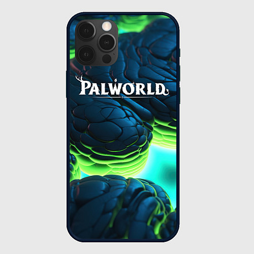 Чехол iPhone 12 Pro Palworld логотип на ярких синих и зеленых неоновых / 3D-Черный – фото 1