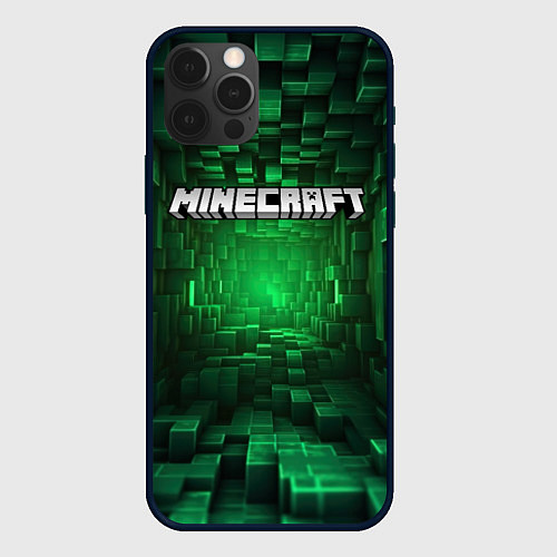 Чехол iPhone 12 Pro Minecraft logo зеленые плитки / 3D-Черный – фото 1