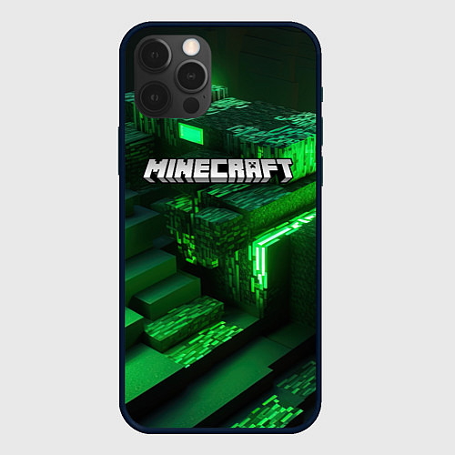 Чехол iPhone 12 Pro Minecraft logo зеленые неоновые кубы / 3D-Черный – фото 1