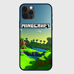 Чехол iPhone 12 Pro Minecraft logo зеленый летний мир