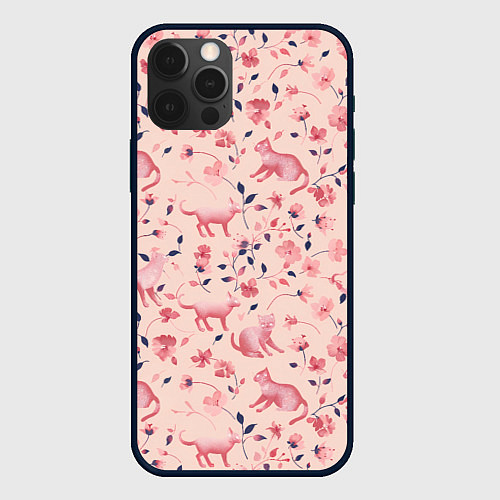 Чехол iPhone 12 Pro Розовый паттерн с цветами и котиками / 3D-Черный – фото 1
