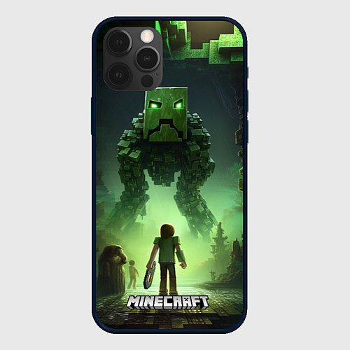 Чехол iPhone 12 Pro Minecraft зеленый монстр с яркими глазами / 3D-Черный – фото 1