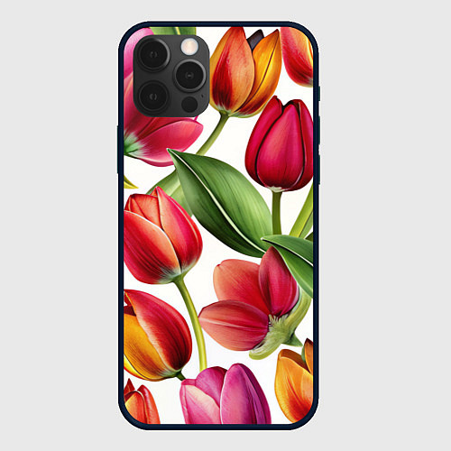Чехол iPhone 12 Pro Паттерн с тюльпанами / 3D-Черный – фото 1