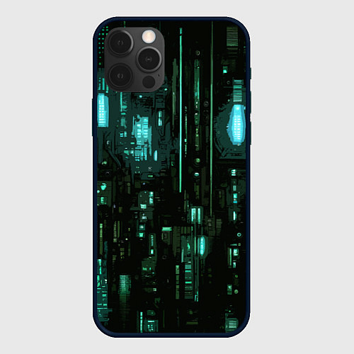Чехол iPhone 12 Pro Киберпанк светящиеся голубые элементы / 3D-Черный – фото 1
