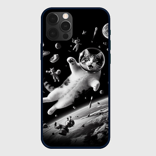 Чехол iPhone 12 Pro Офигевший котейка в безвоздушном пространстве / 3D-Черный – фото 1
