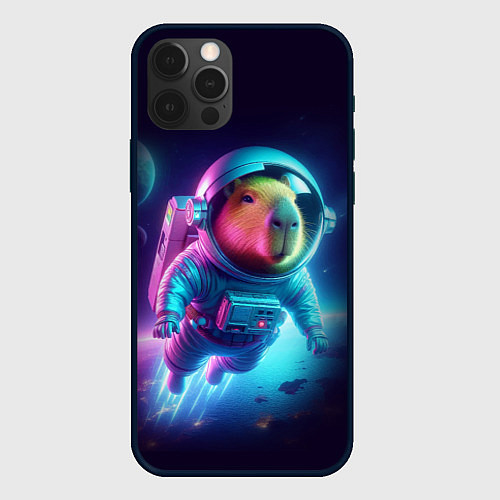 Чехол iPhone 12 Pro Полёт капибары в космосе - неон / 3D-Черный – фото 1