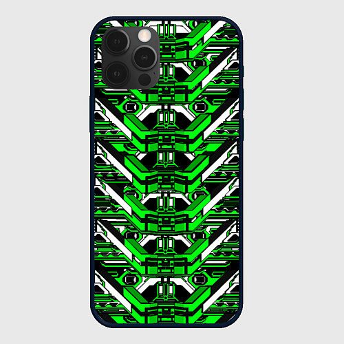 Чехол iPhone 12 Pro Зелёно-белая техно броня / 3D-Черный – фото 1