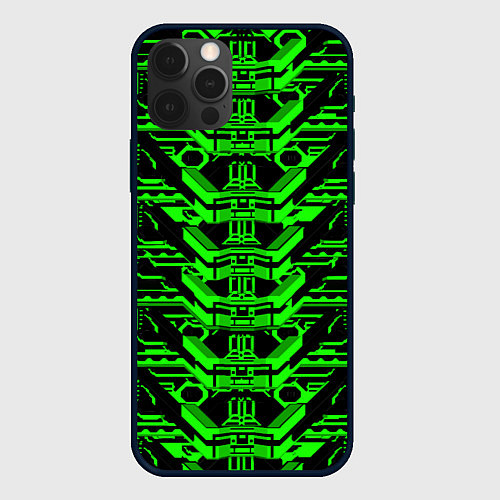Чехол iPhone 12 Pro Зелёная техно-броня на чёрном фоне / 3D-Черный – фото 1