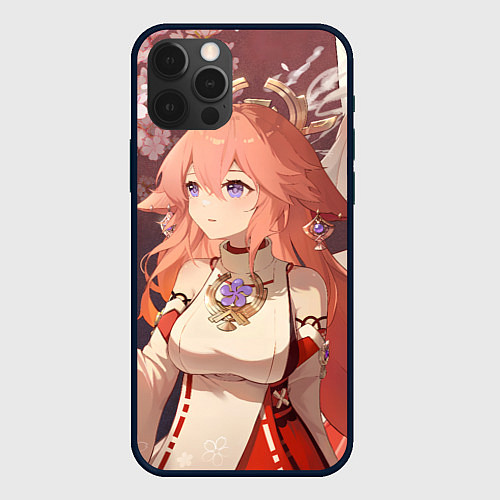 Чехол iPhone 12 Pro Genshin Impact Яэ Miko smile kitsune / 3D-Черный – фото 1