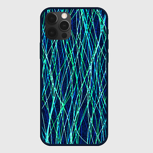 Чехол iPhone 12 Pro Тёмно-синий абстрактный неоновые линии / 3D-Черный – фото 1