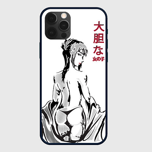 Чехол iPhone 12 Pro Девушка вполоборота в стиле манга с японскими иеро / 3D-Черный – фото 1