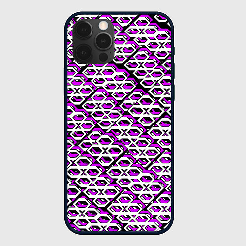 Чехол iPhone 12 Pro Фиолетово-белый узор на чёрном фоне / 3D-Черный – фото 1