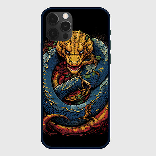 Чехол iPhone 12 Pro Желто-синий дракон муай-тай / 3D-Черный – фото 1