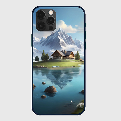 Чехол iPhone 12 Pro Чудесный день на берегу озера в горах / 3D-Черный – фото 1