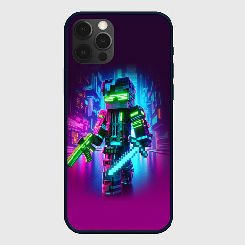 Чехол iPhone 12 Pro Cyberpunk and Minecraft - collaboration ai art / 3D-Черный – фото 1