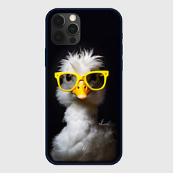Чехол iPhone 12 Pro Белый гусь в желтых очках на черном фоне