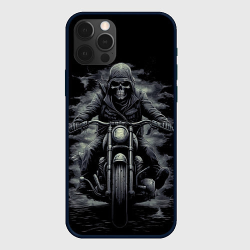Чехол iPhone 12 Pro Скелет на мотоцикле черно-белый стиль / 3D-Черный – фото 1