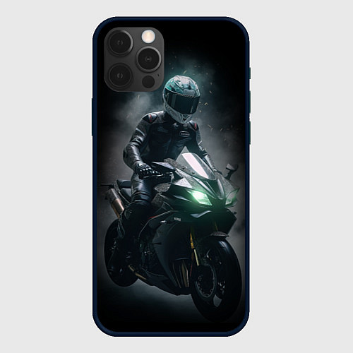 Чехол iPhone 12 Pro Мотоциклист на спортивном байке черный фон / 3D-Черный – фото 1