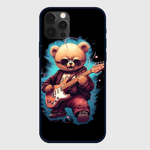 Чехол iPhone 12 Pro Плюшевый медведь музыкант с гитарой / 3D-Черный – фото 1