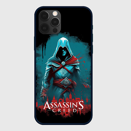 Чехол iPhone 12 Pro Assassins creed синий дым / 3D-Черный – фото 1