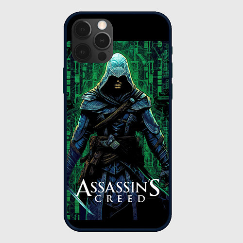 Чехол iPhone 12 Pro Assassins creed зеленый стиль матрицы / 3D-Черный – фото 1