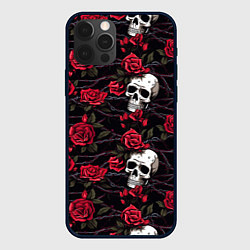 Чехол для iPhone 12 Pro Черепа с алыми розами, цвет: 3D-черный