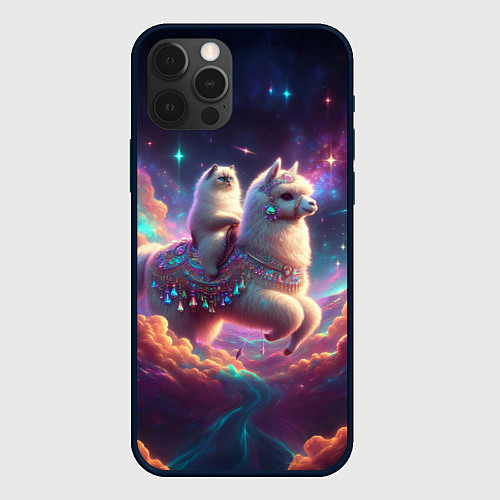 Чехол iPhone 12 Pro Космос и кот едет верхом на альпаке / 3D-Черный – фото 1