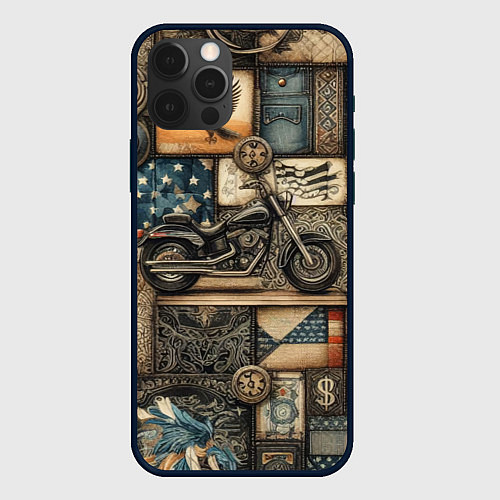 Чехол iPhone 12 Pro Patchwork with a motorcycle - ai art / 3D-Черный – фото 1