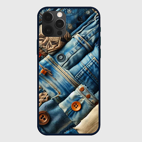 Чехол iPhone 12 Pro Джинсовый пэчворк с пуговицами - мода / 3D-Черный – фото 1