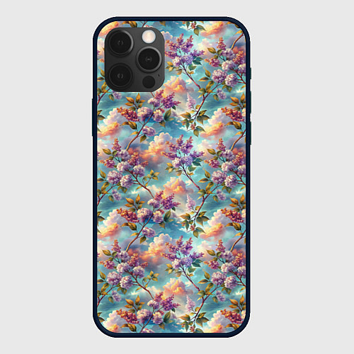 Чехол iPhone 12 Pro Объемная сирень паттерн / 3D-Черный – фото 1