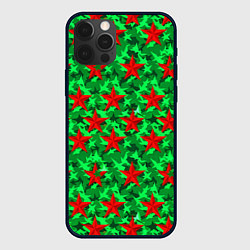 Чехол iPhone 12 Pro Красные звезды победы на зеленом камуфляже