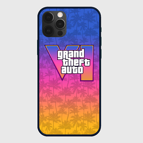 Чехол iPhone 12 Pro GTA 6 - пальмы и логотип / 3D-Черный – фото 1