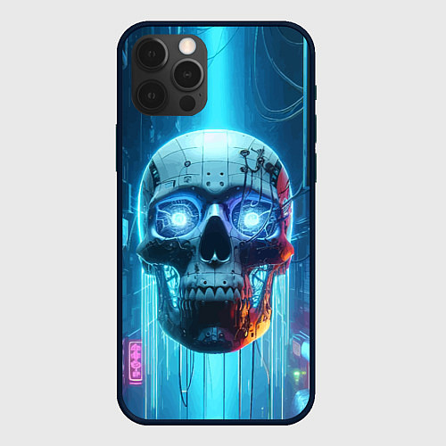 Чехол iPhone 12 Pro Cyber skull - neon glow ai art / 3D-Черный – фото 1