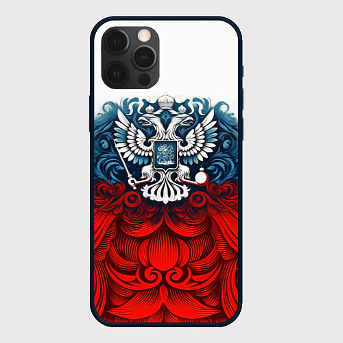 Чехол iPhone 12 Pro Триколор и герб Росссия / 3D-Черный – фото 1