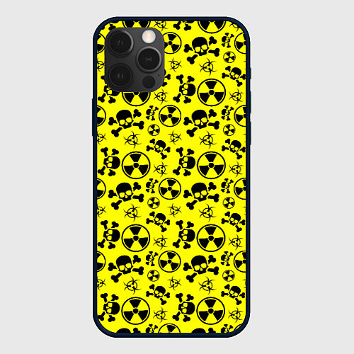 Чехол iPhone 12 Pro Опасные знаки со скелетами паттерн / 3D-Черный – фото 1