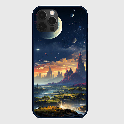 Чехол iPhone 12 Pro Космический фантазийный мир на другой планете / 3D-Черный – фото 1