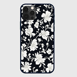 Чехол для iPhone 12 Pro Патерн белых цветов на черном фоне, цвет: 3D-черный
