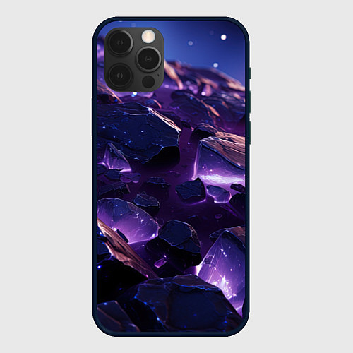 Чехол iPhone 12 Pro Фиолетовые неоновые камни со светом / 3D-Черный – фото 1
