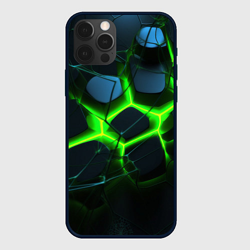 Чехол iPhone 12 Pro Зеленый неон и разлом плит / 3D-Черный – фото 1
