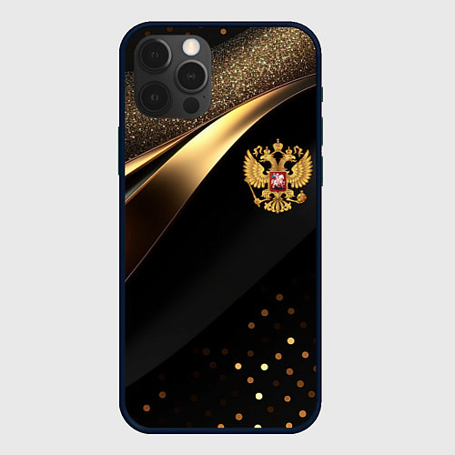 Чехол iPhone 12 Pro Золотой герб России на черно-золотой текстуре / 3D-Черный – фото 1