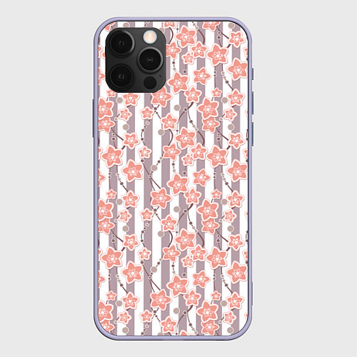 Чехол iPhone 12 Pro Коралловые цветы на полосатом фоне / 3D-Светло-сиреневый – фото 1