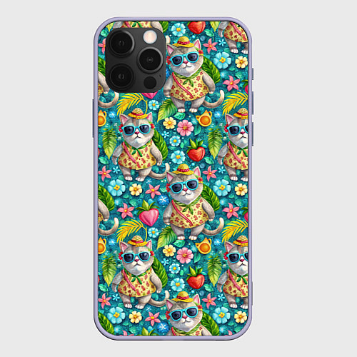 Чехол iPhone 12 Pro Коты и летний вайб паттерн / 3D-Светло-сиреневый – фото 1