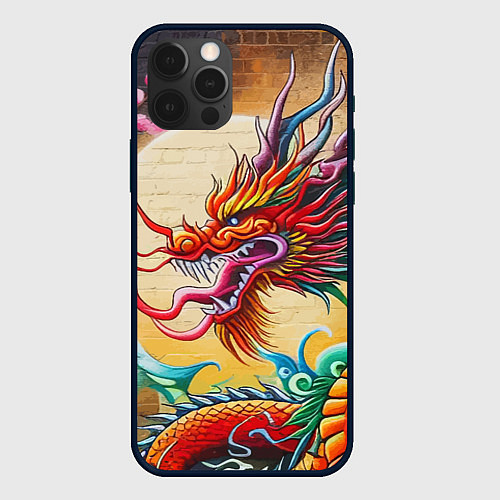 Чехол iPhone 12 Pro Дракон на фоне солнца и сакуры - граффити / 3D-Черный – фото 1