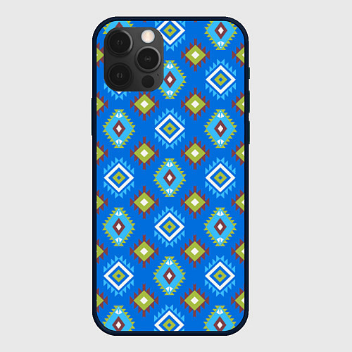 Чехол iPhone 12 Pro Этнические ромбики на синем / 3D-Черный – фото 1