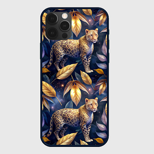 Чехол iPhone 12 Pro Леопард с золотыми листьями паттерны / 3D-Черный – фото 1