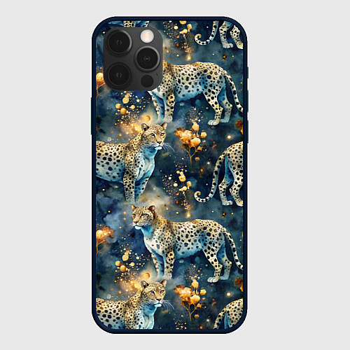 Чехол iPhone 12 Pro Леопард и золотые капли на синем фоне / 3D-Черный – фото 1
