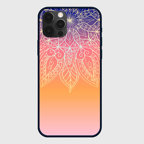 Чехол iPhone 12 Pro Сине-оранжевый градиент с узором мандала / 3D-Черный – фото 1
